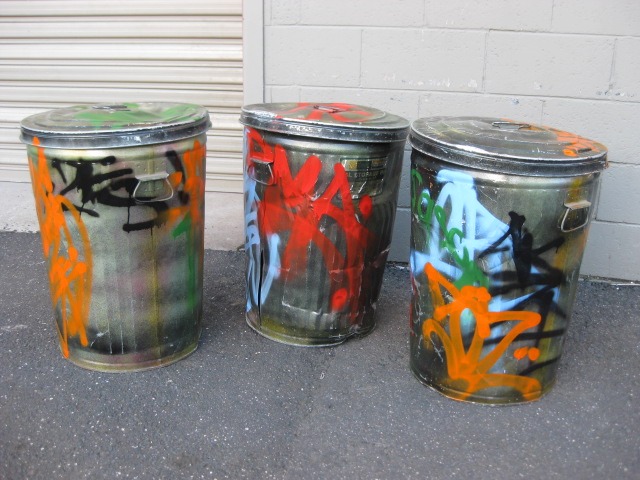 GARBAGE BIN, Metal Bin w Graffiti and Lid (45cm D x 65cm H)